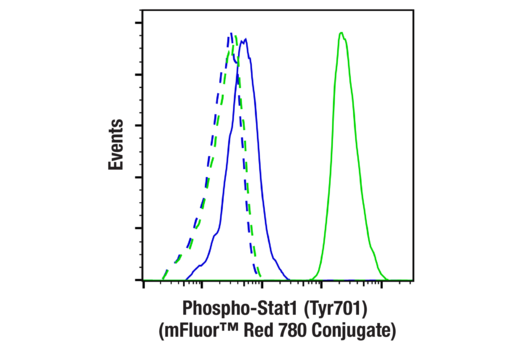 Flow cytometric analysis of fixed/permeabilized U266B1 cells, untreated (blue) or treated with human interferon-α1 (hIFN-α1) (100 ng/mL, 30 min; green), using Phospho-Stat1 (Tyr701) (58D6) Rabbit mAb (mFluor™ Red 780 Conjugate) (solid lines) or concentration-matched Rabbit (DA1E) mAb IgG XP® Isotype Control (mFluor™ Red 780 Conjugate) #79088 (dashed lines).