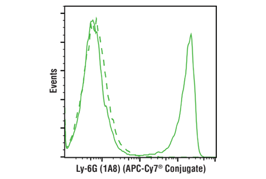 以浓度匹配的 Rat Isotype Control (APC-Cy7® Conjugate)（虚线）作为对照，使用 Ly-6G (1A8) Rat mAb (APC-Cy7®Conjugate)（实线）对活性小鼠骨髓细胞进行流式细胞分析。